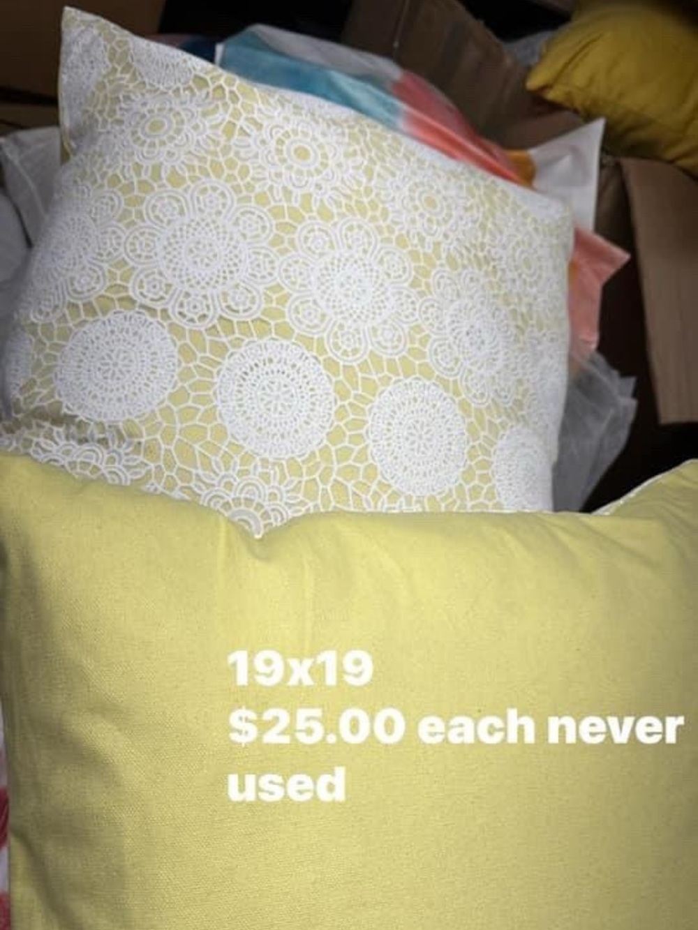 Set of Decorative Yellow Throw Pillows with White Lace Pattern